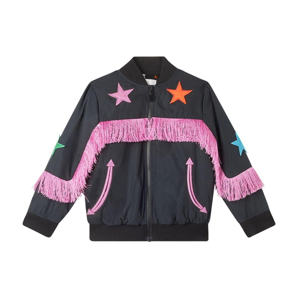 Stella Mc Cartney Black Star Fringe Bomber Jacket. Melanie Louise Childrens Designer Wear