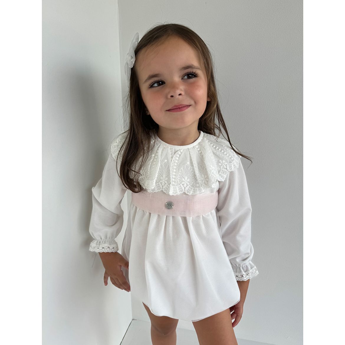 Picture of Granlei Girls White Lace Trim Romper with Pink Bow