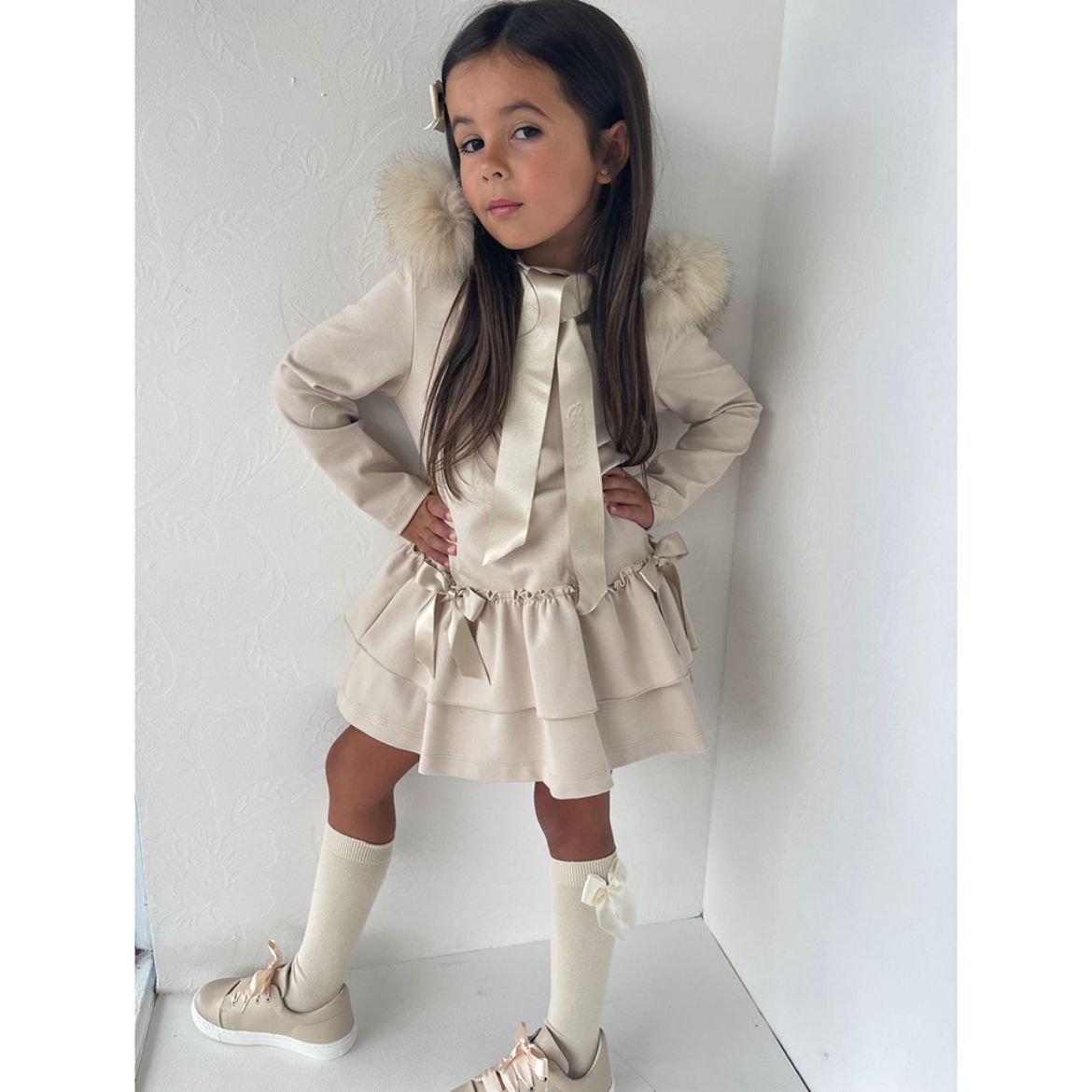 Picture of Bimbalo Girls Beige Dress with Fur Hood