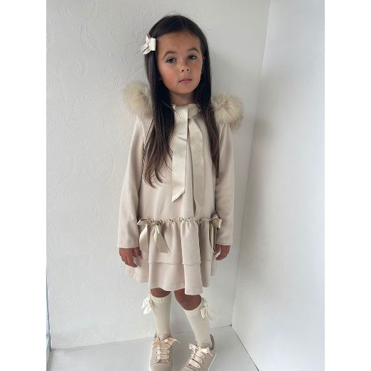 Picture of Bimbalo Girls Beige Dress with Fur Hood