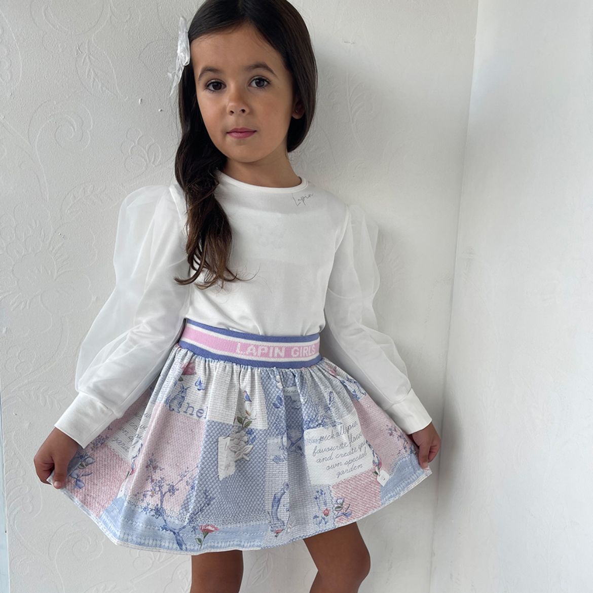 Picture of Lapin House Girls Cream Tulle Top & Printed Skirt Set