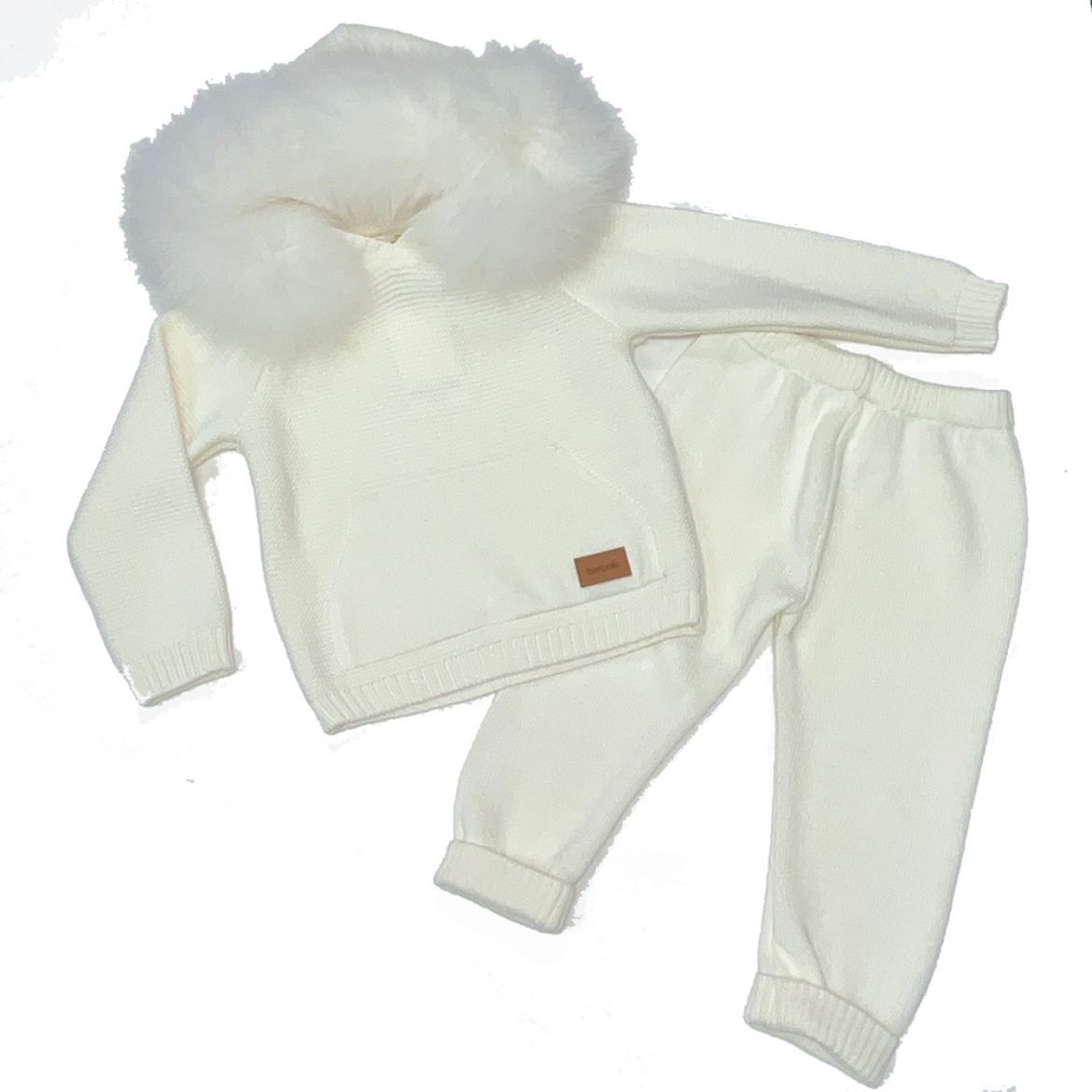 Picture of Bimbalo Boys Cream Knit Tracksuit With Fur Hood