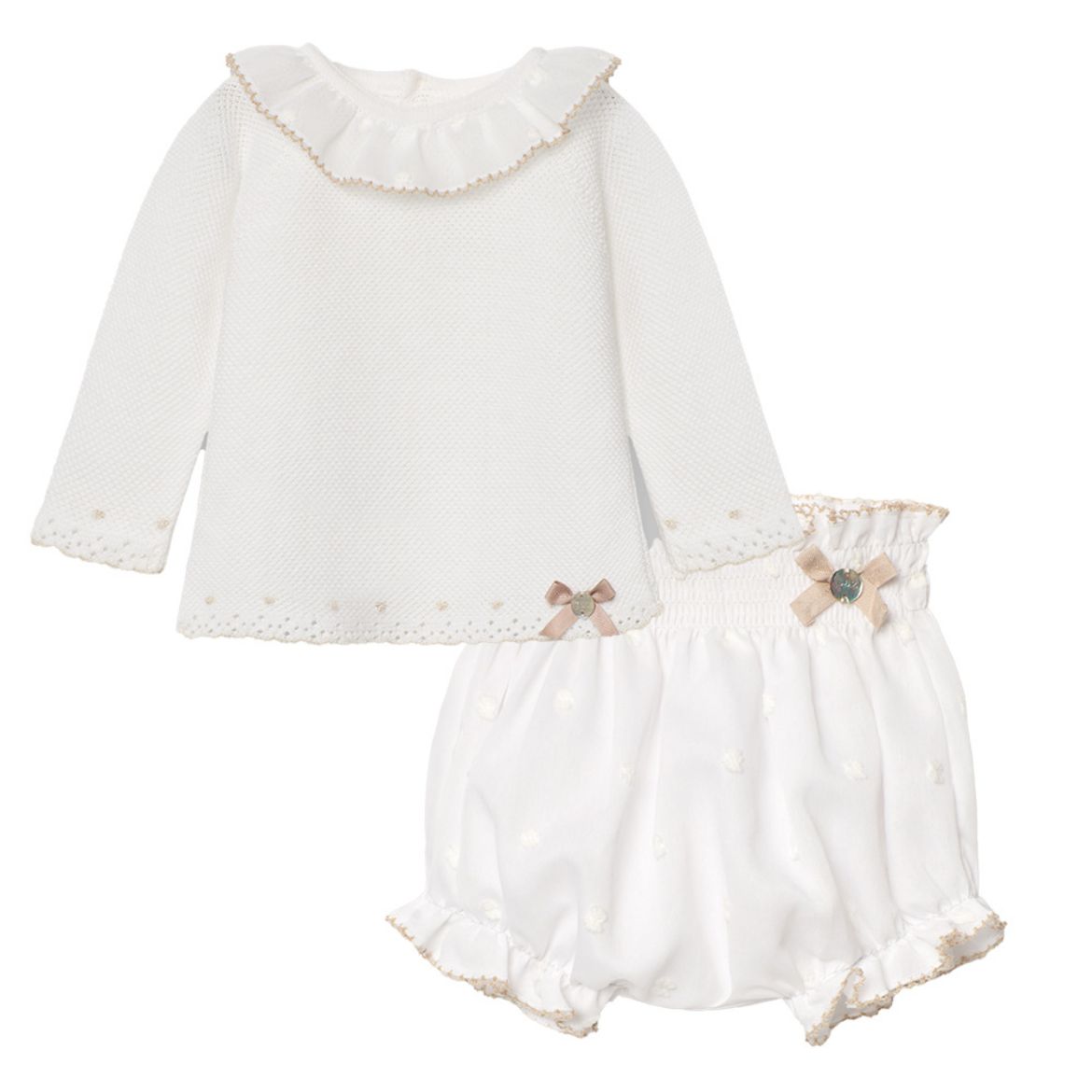 Picture of Paz Rodriguez Baby Girls White Knitted Top & Knicker Set with Beige Trim