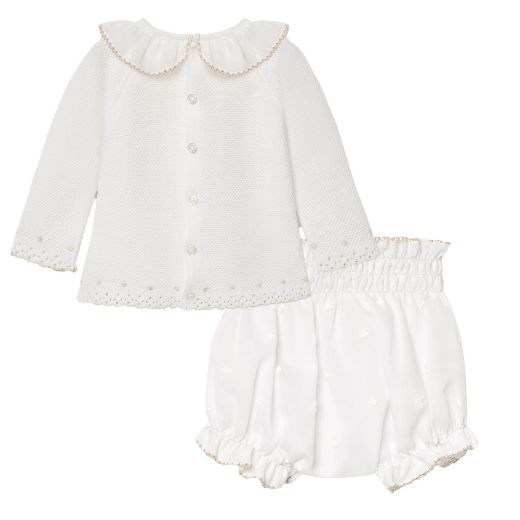 Picture of Paz Rodriguez Baby Girls White Knitted Top & Knicker Set with Beige Trim